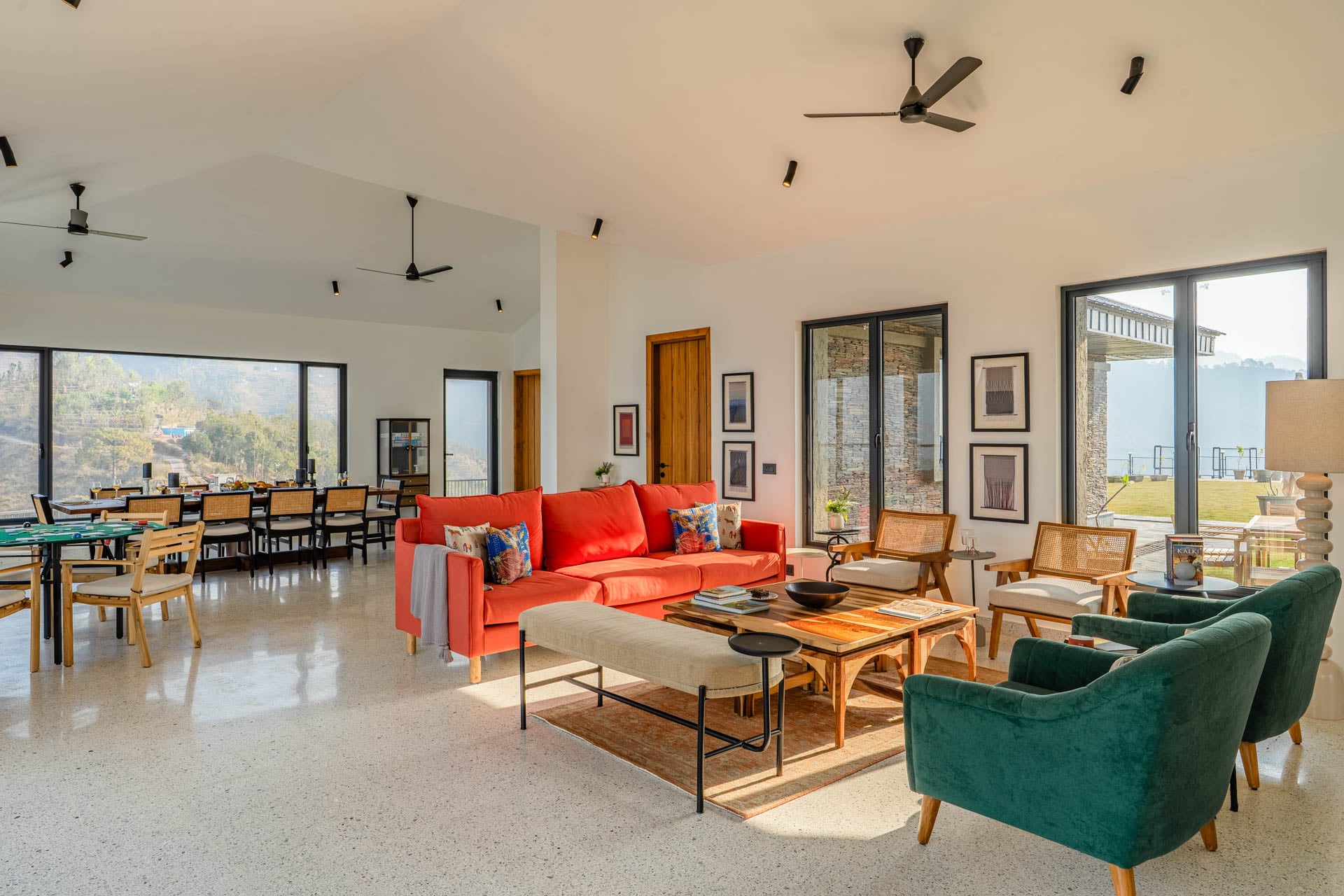 living room in a luxury villa in rishikesh for larger groups by the river